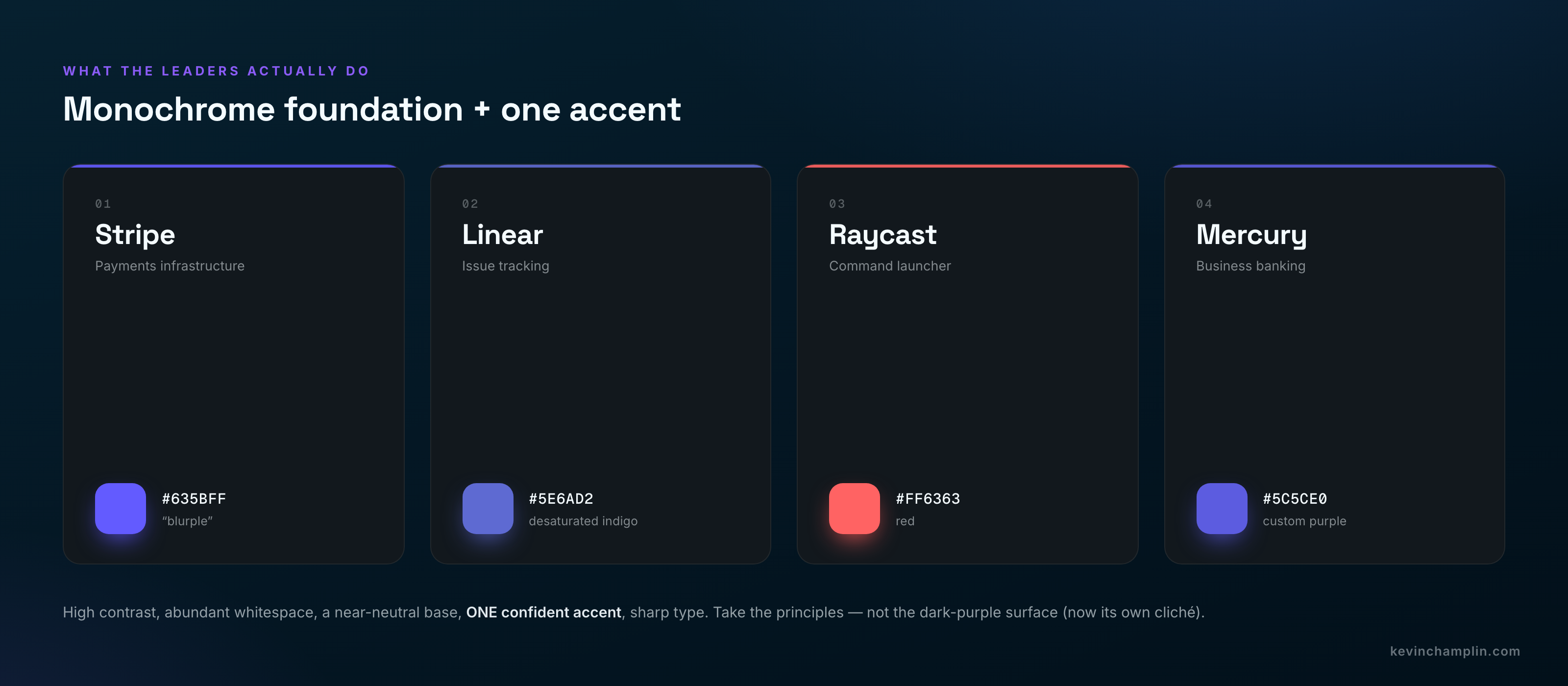 Four near-neutral cards, one each for Stripe, Linear, Raycast, and Mercury, each showing a single brand accent color and its hex code against an otherwise monochrome surface.