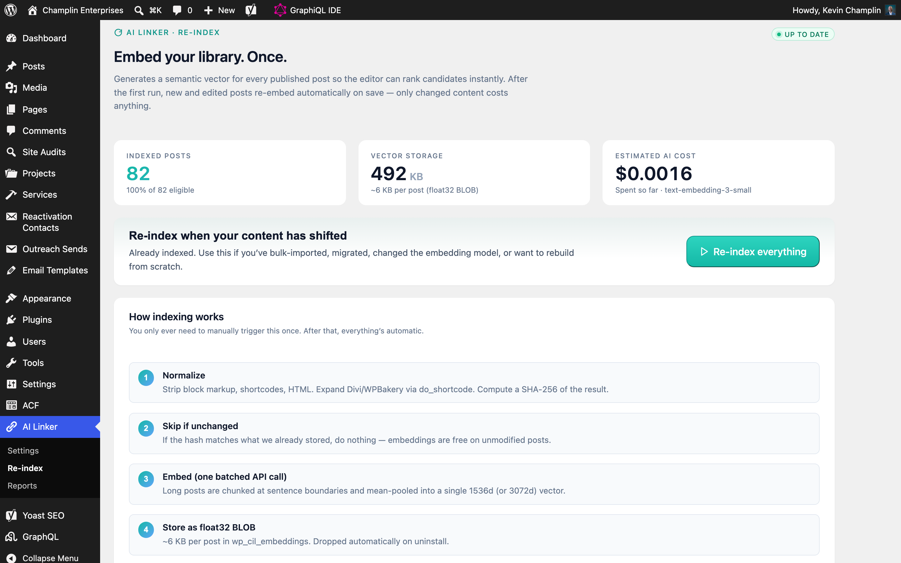 Bulk re-index admin screen showing a progress bar at full completion with 82 of 82 posts indexed.