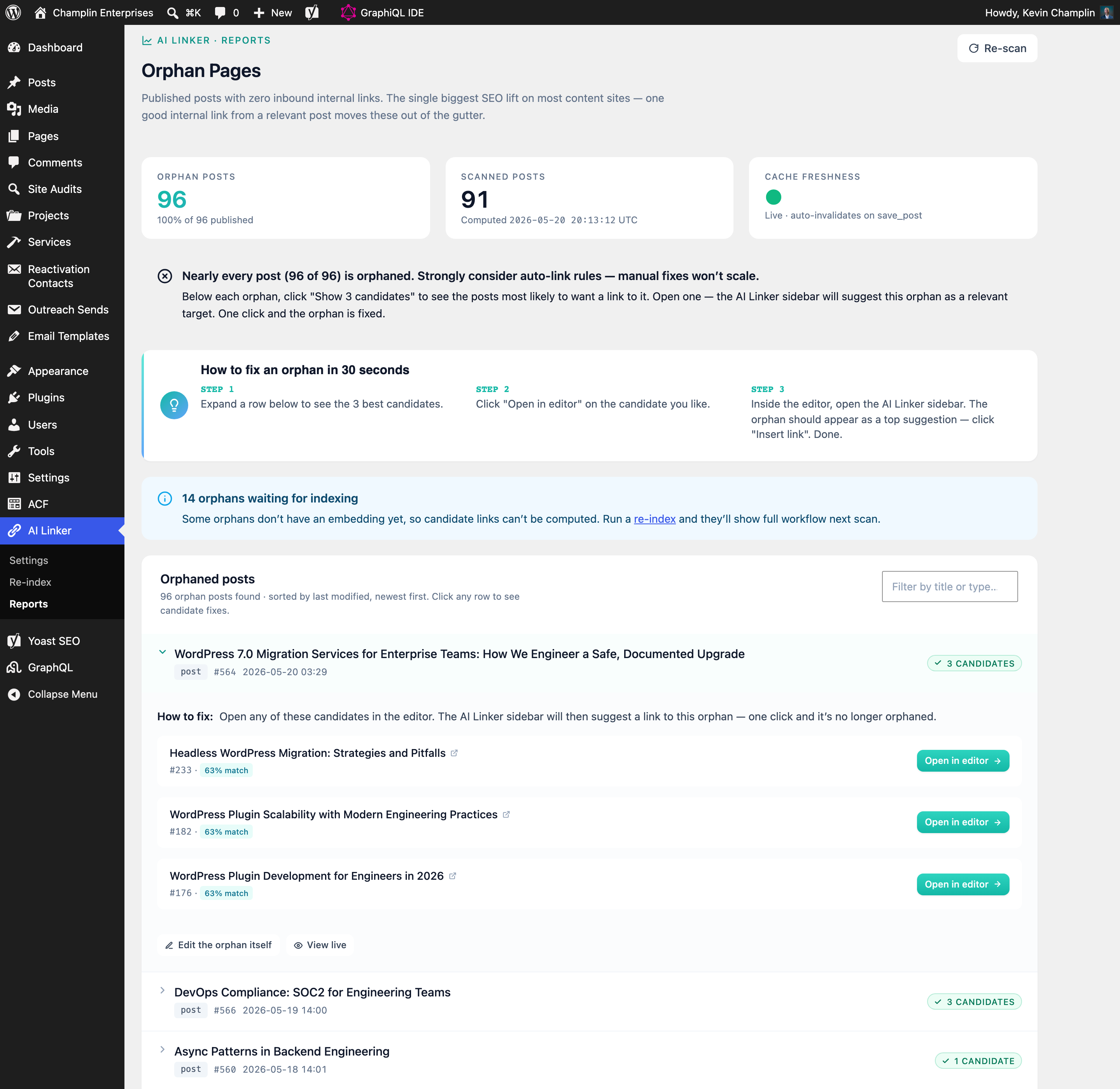 Orphan Pages report admin screen showing a list of WordPress posts with zero inbound internal links and edit buttons.