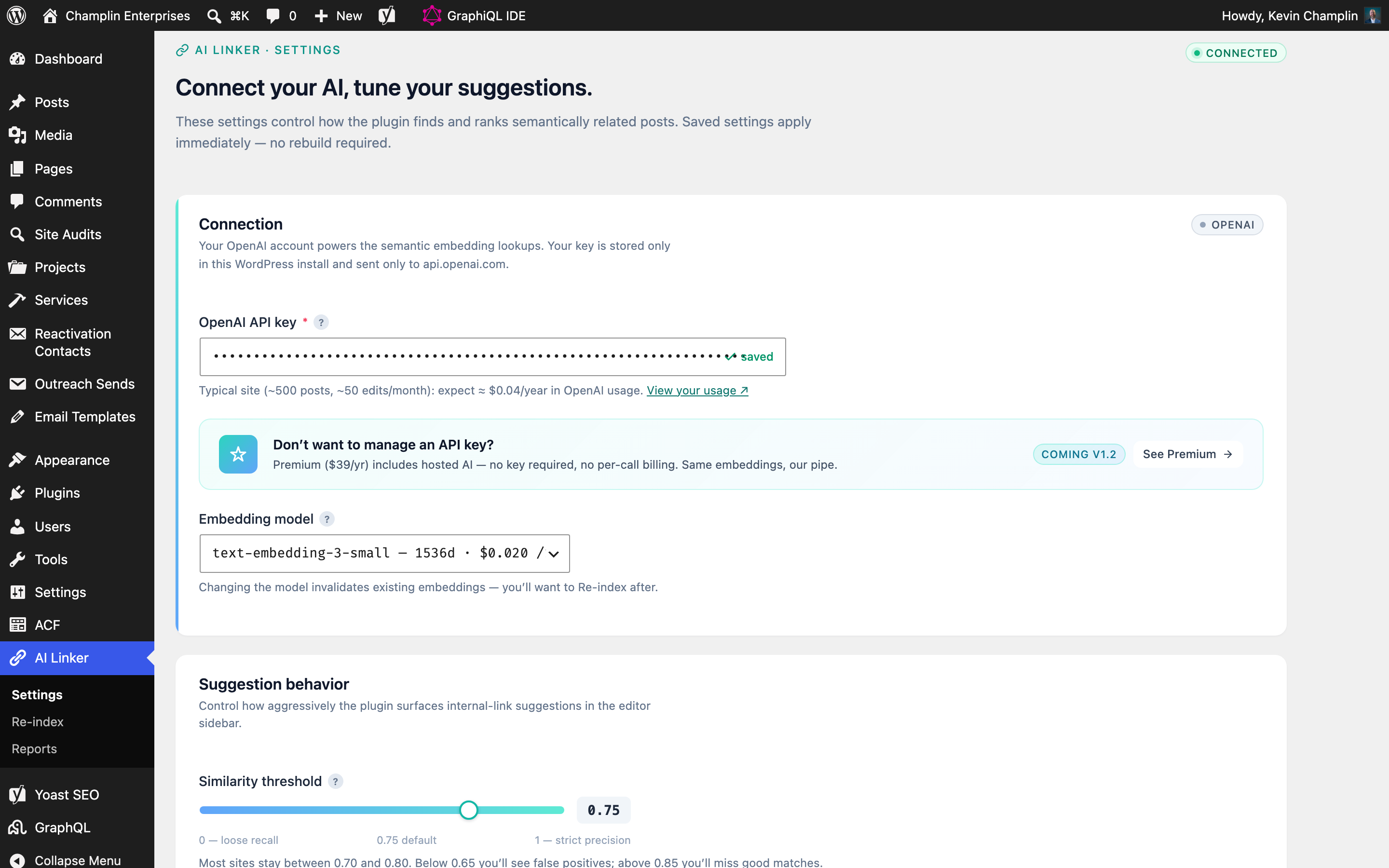 Champlin AI Internal Linker settings screen showing OpenAI API key field, embedding model dropdown, threshold slider at 0.75, and post-type checkboxes.