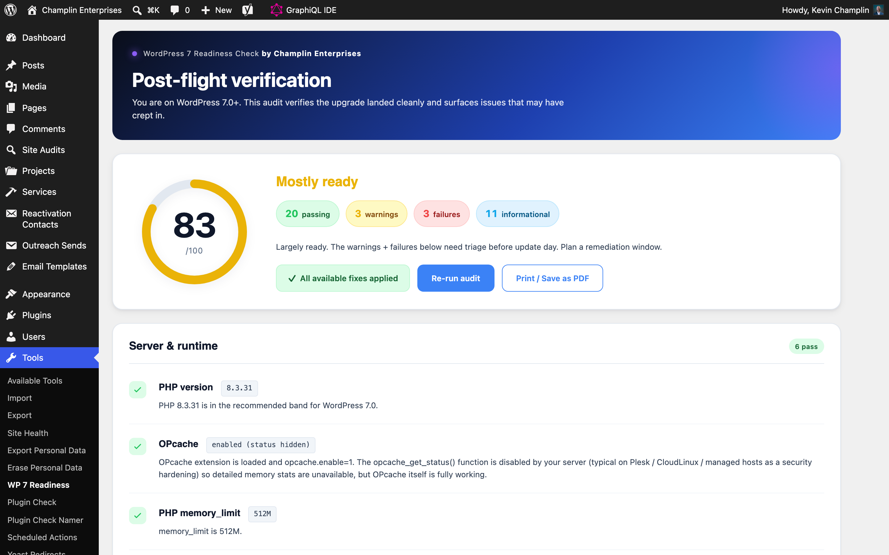 Champlin Pre-Flight Audit dashboard showing WordPress 7.0 readiness status, findings count by severity, and progress indicators.